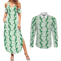 Hawaii Ti Leaf Maile Tuberose Lei Couples Matching Summer Maxi Dress and Long Sleeve Button Shirt With Hanalei Leaf Green LT05 Green - Polynesian Pride