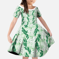 Hawaii Ti Leaf Maile Tuberose Lei Kid Short Sleeve Dress With Hanalei Leaf Green LT05 KID Green - Polynesian Pride