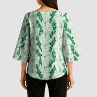Hawaii Ti Leaf Maile Tuberose Lei Kimono Sleeve Blouse With Hanalei Leaf Green LT05 - Polynesian Pride