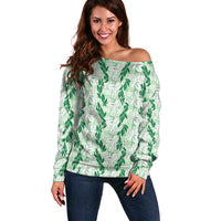 Hawaii Ti Leaf Maile Tuberose Lei Off Shoulder Sweater With Hanalei Leaf Green LT05 Women Green - Polynesian Pride