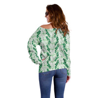 Hawaii Ti Leaf Maile Tuberose Lei Off Shoulder Sweater With Hanalei Leaf Green LT05 - Polynesian Pride
