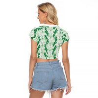Hawaii Ti Leaf Maile Tuberose Lei Raglan Cropped T Shirt With Hanalei Leaf Green LT05 - Polynesian Pride