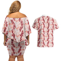Hawaii Ti Leaf Maile Tuberose Lei Couples Matching Off Shoulder Short Dress and Hawaiian Shirt With Hanalei Leaf Red LT05 - Polynesian Pride