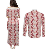 Hawaii Ti Leaf Maile Tuberose Lei Couples Matching Puletasi and Long Sleeve Button Shirt With Hanalei Leaf Red LT05 - Polynesian Pride
