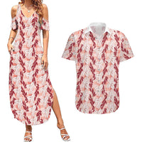 Hawaii Ti Leaf Maile Tuberose Lei Couples Matching Summer Maxi Dress and Hawaiian Shirt With Hanalei Leaf Red LT05 Red - Polynesian Pride