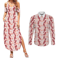 Hawaii Ti Leaf Maile Tuberose Lei Couples Matching Summer Maxi Dress and Long Sleeve Button Shirt With Hanalei Leaf Red LT05 Red - Polynesian Pride