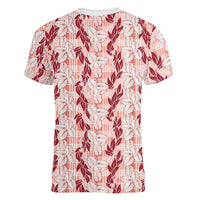 Hawaii Ti Leaf Maile Tuberose Lei Women V-Neck T-Shirt With Hanalei Leaf Red LT05 - Polynesian Pride