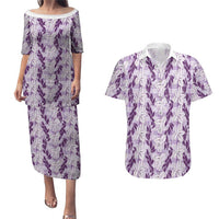 Hawaii Ti Leaf Maile Tuberose Lei Couples Matching Puletasi and Hawaiian Shirt With Hanalei Leaf Purple LT05 Purple - Polynesian Pride