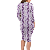 Hawaii Ti Leaf Maile Tuberose Lei Family Matching Long Sleeve Bodycon Dress and Hawaiian Shirt With Hanalei Leaf Purple LT05 - Polynesian Pride