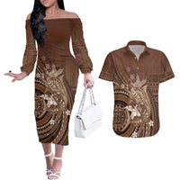 Samoa Tatau Marlin Couples Matching Off The Shoulder Long Sleeve Dress and Hawaiian Shirt With Siapo Motifs Brown