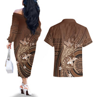 Samoa Tatau Marlin Couples Matching Off The Shoulder Long Sleeve Dress and Hawaiian Shirt With Siapo Motifs Brown