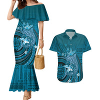 Samoa Tatau Marlin Couples Matching Mermaid Dress and Hawaiian Shirt With Siapo Motifs Teal
