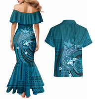 Samoa Tatau Marlin Couples Matching Mermaid Dress and Hawaiian Shirt With Siapo Motifs Teal