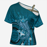 Samoa Tatau Marlin Cross Shoulder Shirt With Siapo Motifs Teal
