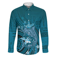 Samoa Tatau Marlin Family Matching Off Shoulder Short Dress and Hawaiian Shirt With Siapo Motifs Teal LT05 Dad's Shirt - Long Sleeve Teal - Polynesian Pride