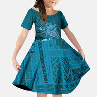 Samoa Tatau Marlin Kid Short Sleeve Dress With Siapo Motifs Teal