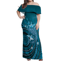 Samoa Tatau Marlin Off Shoulder Maxi Dress With Siapo Motifs Teal