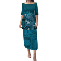 Samoa Tatau Marlin Puletasi With Siapo Motifs Teal LT05 Long Dress Teal - Polynesian Pride