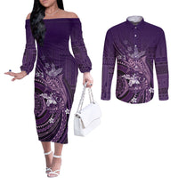 Samoa Tatau Marlin Couples Matching Off The Shoulder Long Sleeve Dress and Long Sleeve Button Shirt With Siapo Motifs Violet