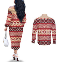 Tonga Language Week Couples Matching Off The Shoulder Long Sleeve Dress and Long Sleeve Button Shirt Lea Faka-Tonga Everyday - Polynesian Pride