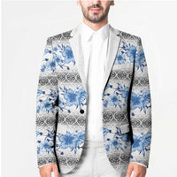 Samoa White Sunday Blazer Samoan Tapa Blue Hibiscus - Polynesian Pride