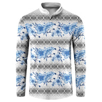 Samoa White Sunday Button Sweatshirt Samoan Tapa Blue Hibiscus - Polynesian Pride
