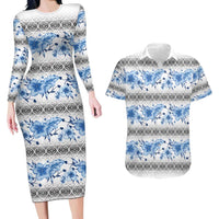 Samoa White Sunday Couples Matching Long Sleeve Bodycon Dress and Hawaiian Shirt Samoan Tapa Blue Hibiscus - Polynesian Pride
