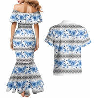 Samoa White Sunday Couples Matching Mermaid Dress and Hawaiian Shirt Samoan Tapa Blue Hibiscus - Polynesian Pride