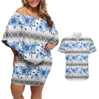 Samoa White Sunday Couples Matching Off Shoulder Short Dress and Hawaiian Shirt Samoan Tapa Blue Hibiscus - Polynesian Pride