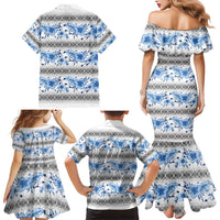 Samoa White Sunday Family Matching Mermaid Dress and Hawaiian Shirt Samoan Tapa Blue Hibiscus - Polynesian Pride