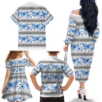 Samoa White Sunday Family Matching Off The Shoulder Long Sleeve Dress and Hawaiian Shirt Samoan Tapa Blue Hibiscus - Polynesian Pride