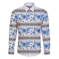 Samoa White Sunday Family Matching Off The Shoulder Long Sleeve Dress and Hawaiian Shirt Samoan Tapa Blue Hibiscus - Polynesian Pride