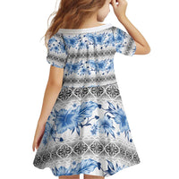 Samoa White Sunday Family Matching Off Shoulder Short Dress and Hawaiian Shirt Samoan Tapa Blue Hibiscus - Polynesian Pride