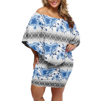 Samoa White Sunday Family Matching Off Shoulder Short Dress and Hawaiian Shirt Samoan Tapa Blue Hibiscus - Polynesian Pride
