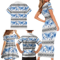 Samoa White Sunday Family Matching Short Sleeve Bodycon Dress and Hawaiian Shirt Samoan Tapa Blue Hibiscus - Polynesian Pride