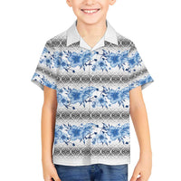Samoa White Sunday Kid Hawaiian Shirt Samoan Tapa Blue Hibiscus - Polynesian Pride
