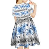 Samoa White Sunday Kid Short Sleeve Dress Samoan Tapa Blue Hibiscus - Polynesian Pride