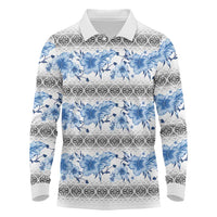 Samoa White Sunday Long Sleeve Polo Shirt Samoan Tapa Blue Hibiscus - Polynesian Pride
