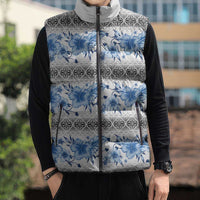 Samoa White Sunday Sleeveless Puffer Jacket Samoan Tapa Blue Hibiscus - Polynesian Pride