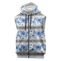 Samoa White Sunday Sleeveless Zip Hoodie Samoan Tapa Blue Hibiscus - Polynesian Pride