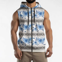 Samoa White Sunday Sleeveless Zip Hoodie Samoan Tapa Blue Hibiscus - Polynesian Pride