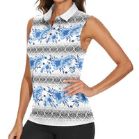 Samoa White Sunday Women Sleeveless Polo Shirt Samoan Tapa Blue Hibiscus - Polynesian Pride