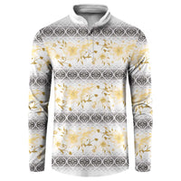 Samoa White Sunday Button Sweatshirt Samoan Tapa Yellow Hibiscus - Polynesian Pride