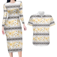 Samoa White Sunday Couples Matching Long Sleeve Bodycon Dress and Hawaiian Shirt Samoan Tapa Yellow Hibiscus - Polynesian Pride