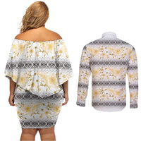 Samoa White Sunday Couples Matching Off Shoulder Short Dress and Long Sleeve Button Shirt Samoan Tapa Yellow Hibiscus - Polynesian Pride