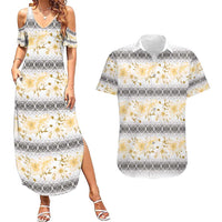 Samoa White Sunday Couples Matching Summer Maxi Dress and Hawaiian Shirt Samoan Tapa Yellow Hibiscus - Polynesian Pride