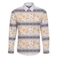 Samoa White Sunday Family Matching Long Sleeve Bodycon Dress and Hawaiian Shirt Samoan Tapa Yellow Hibiscus - Polynesian Pride