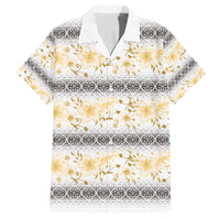 Samoa White Sunday Family Matching Short Sleeve Bodycon Dress and Hawaiian Shirt Samoan Tapa Yellow Hibiscus - Polynesian Pride