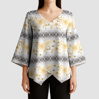 Samoa White Sunday Kimono Sleeve Blouse Samoan Tapa Yellow Hibiscus - Polynesian Pride