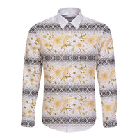 Samoa White Sunday Long Sleeve Button Shirt Samoan Tapa Yellow Hibiscus - Polynesian Pride